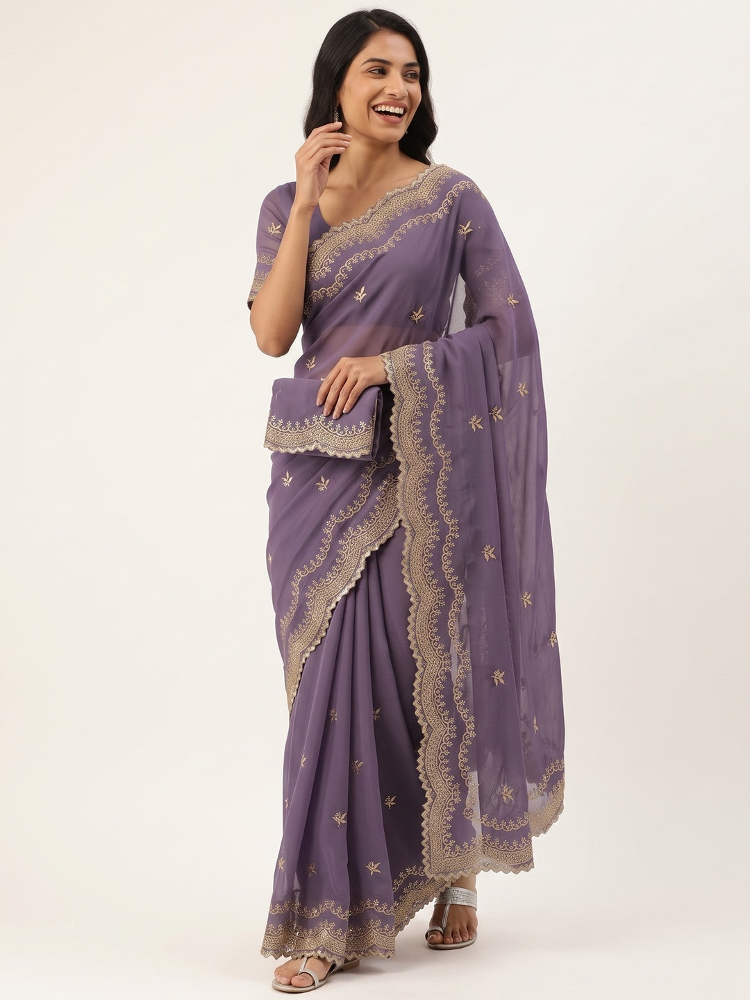 Lavender Embroidered Star Georgette Saree Designed for Stylish Party Wear - Image 4