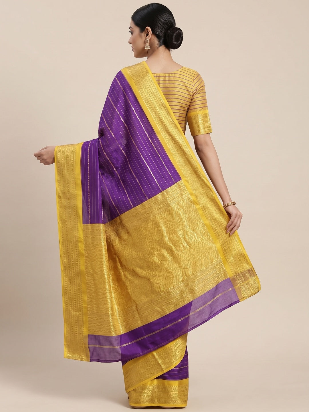 Purple Jacquard Saree With Contemporary Striped Pattern Accented By Rich Zari Weaving - Image 2