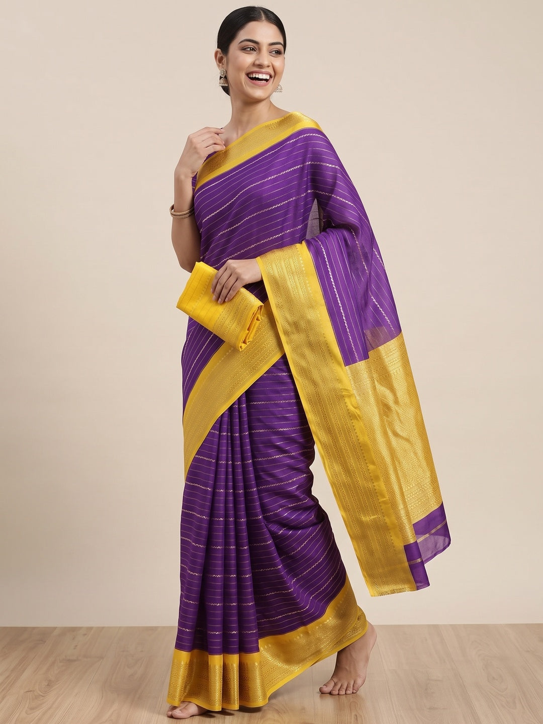 Purple Jacquard Saree With Contemporary Striped Pattern Accented By Rich Zari Weaving - Image 4