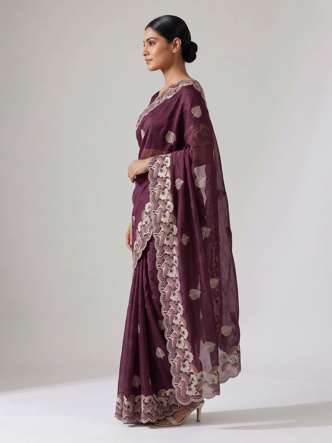 Wine Floral Embroidered Saree in Crunchy Silk Blend - Image 3