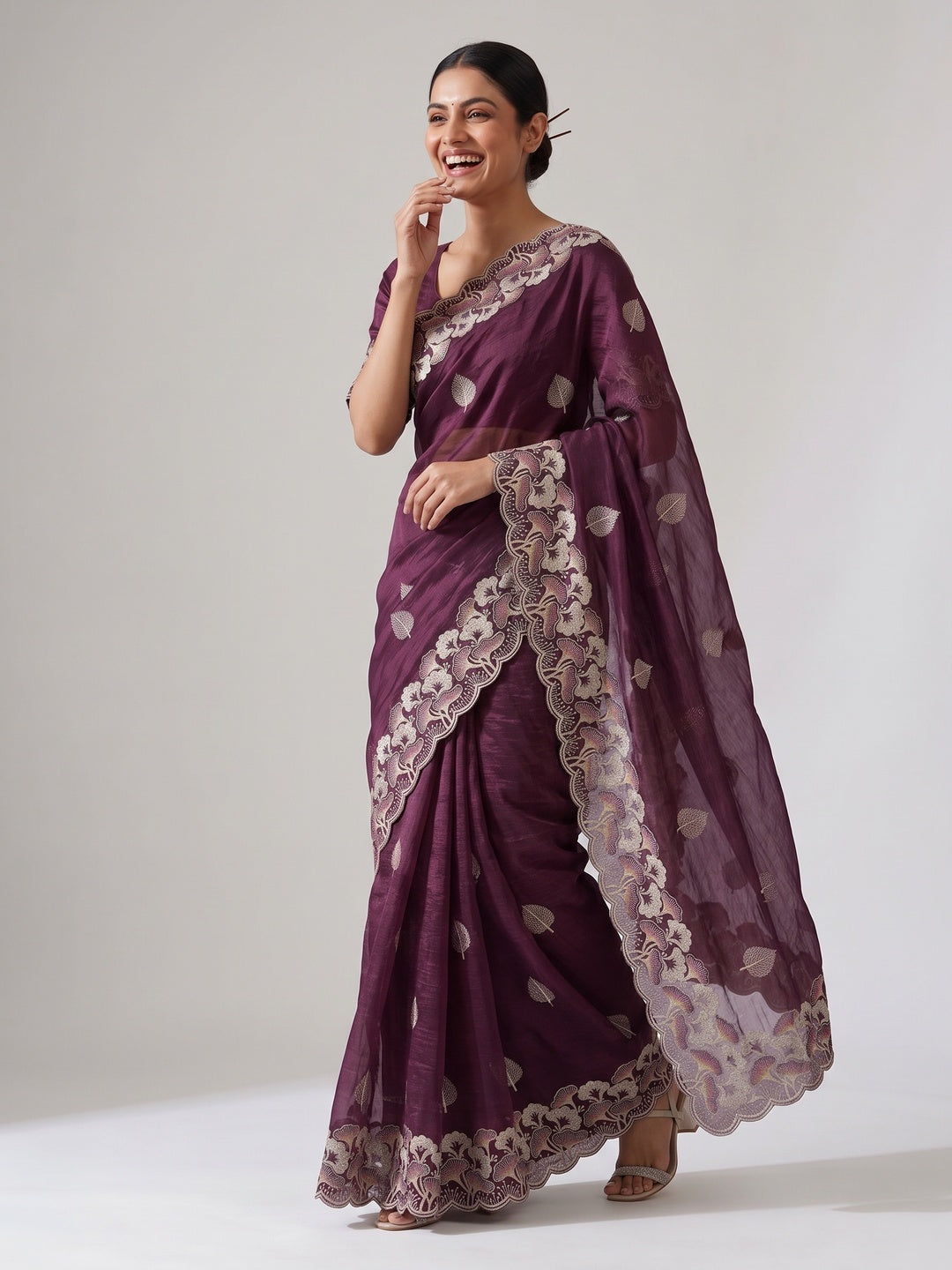 Wine Floral Embroidered Saree in Crunchy Silk Blend - Image 4