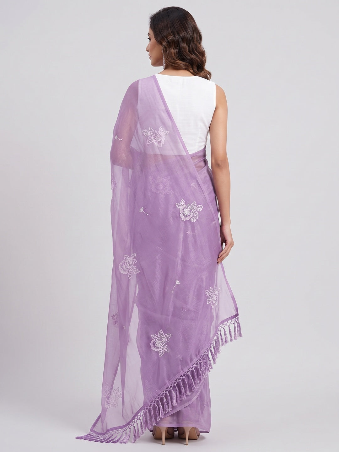 Designer Purple Chiffon Saree with Intricate Floral Embroidery - Image 2
