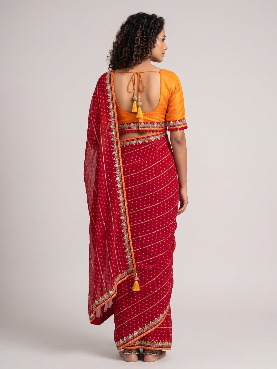 Charming Red Bandhani Printed Georgette Saree With Glittering Sequins & Zari Border - Image 2