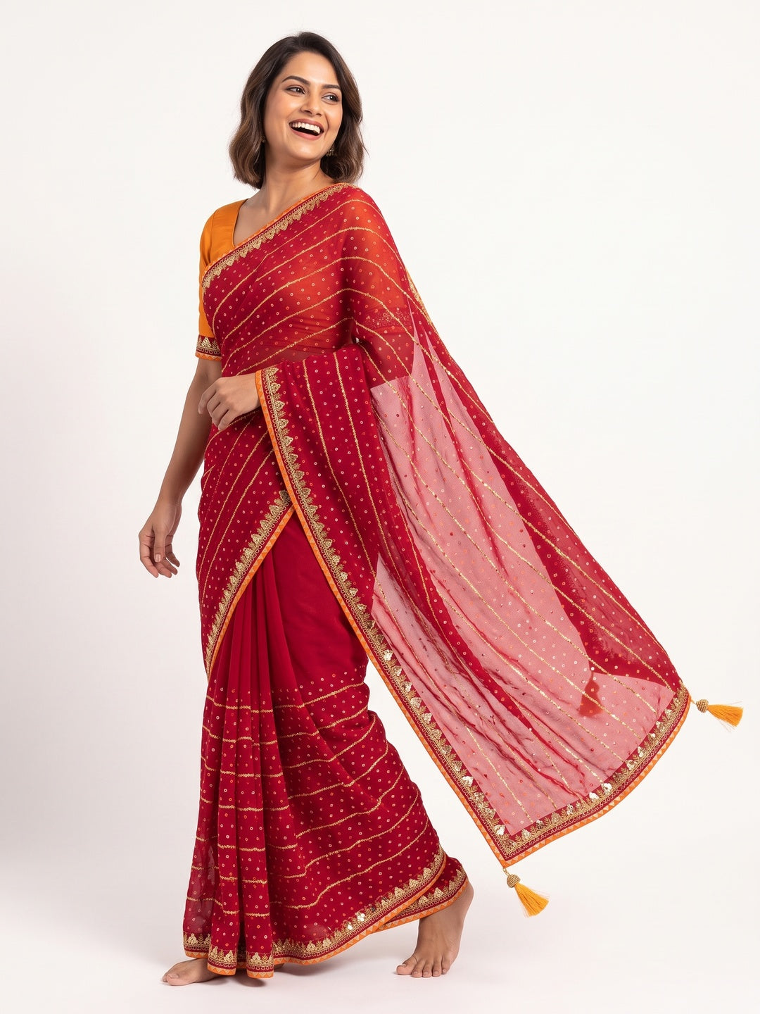 Charming Red Bandhani Printed Georgette Saree With Glittering Sequins & Zari Border - Image 4
