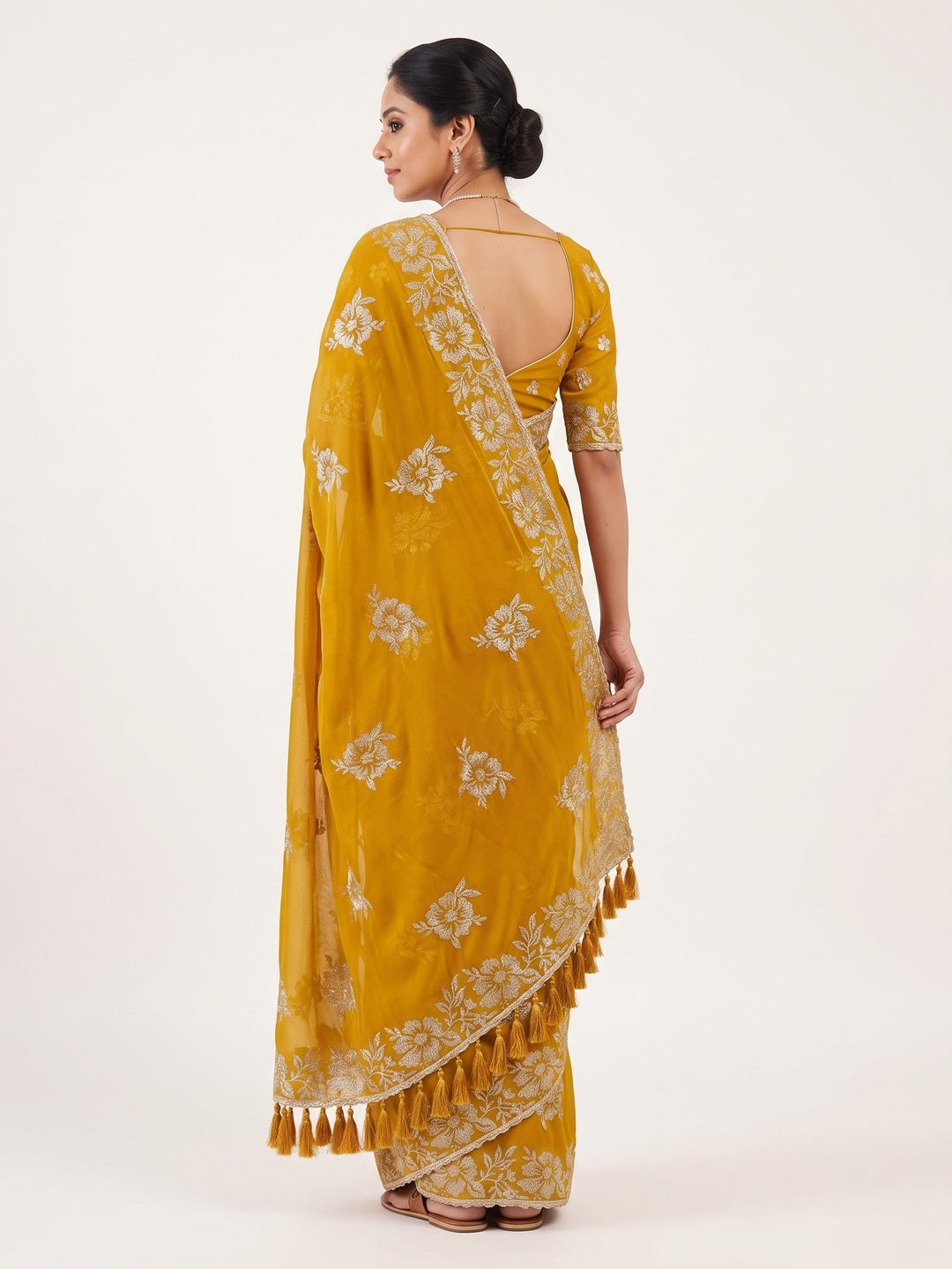 Stunning Mustard Georgette Saree with Floral Zari Embroidery & Ornate Cutwork Border - Image 2