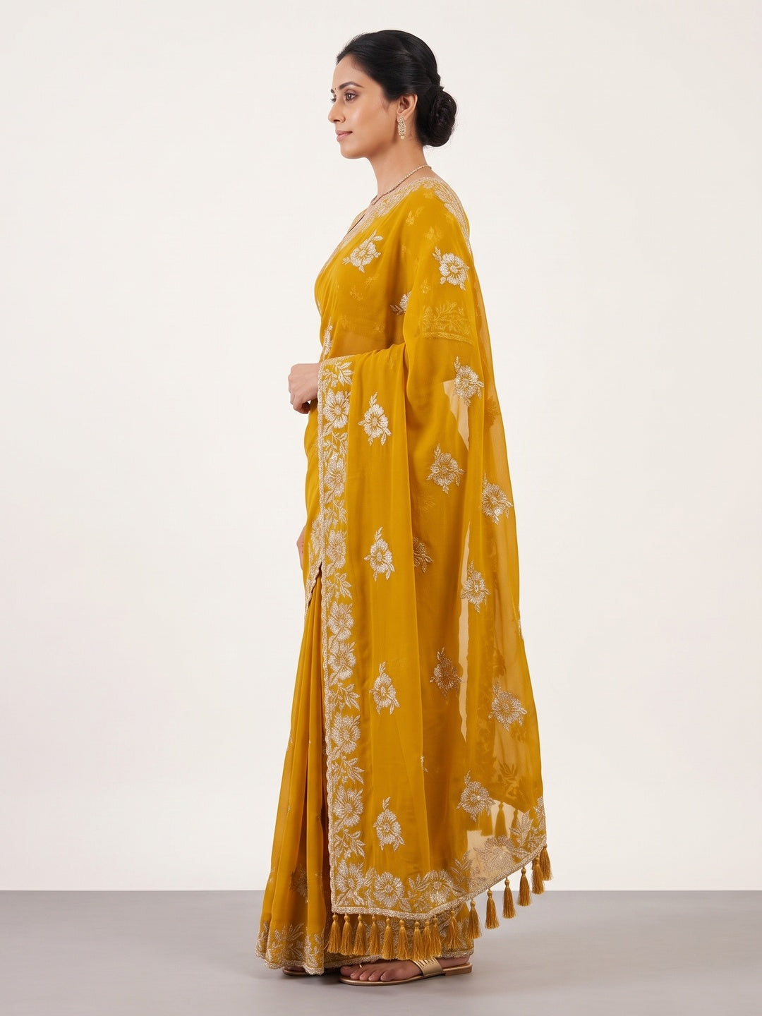 Stunning Mustard Georgette Saree with Floral Zari Embroidery & Ornate Cutwork Border - Image 3