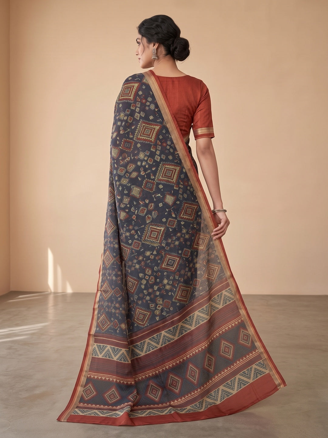 Traditional Blue Chanderi Silk Saree with Detailed Geometric Print Pattern - Image 5