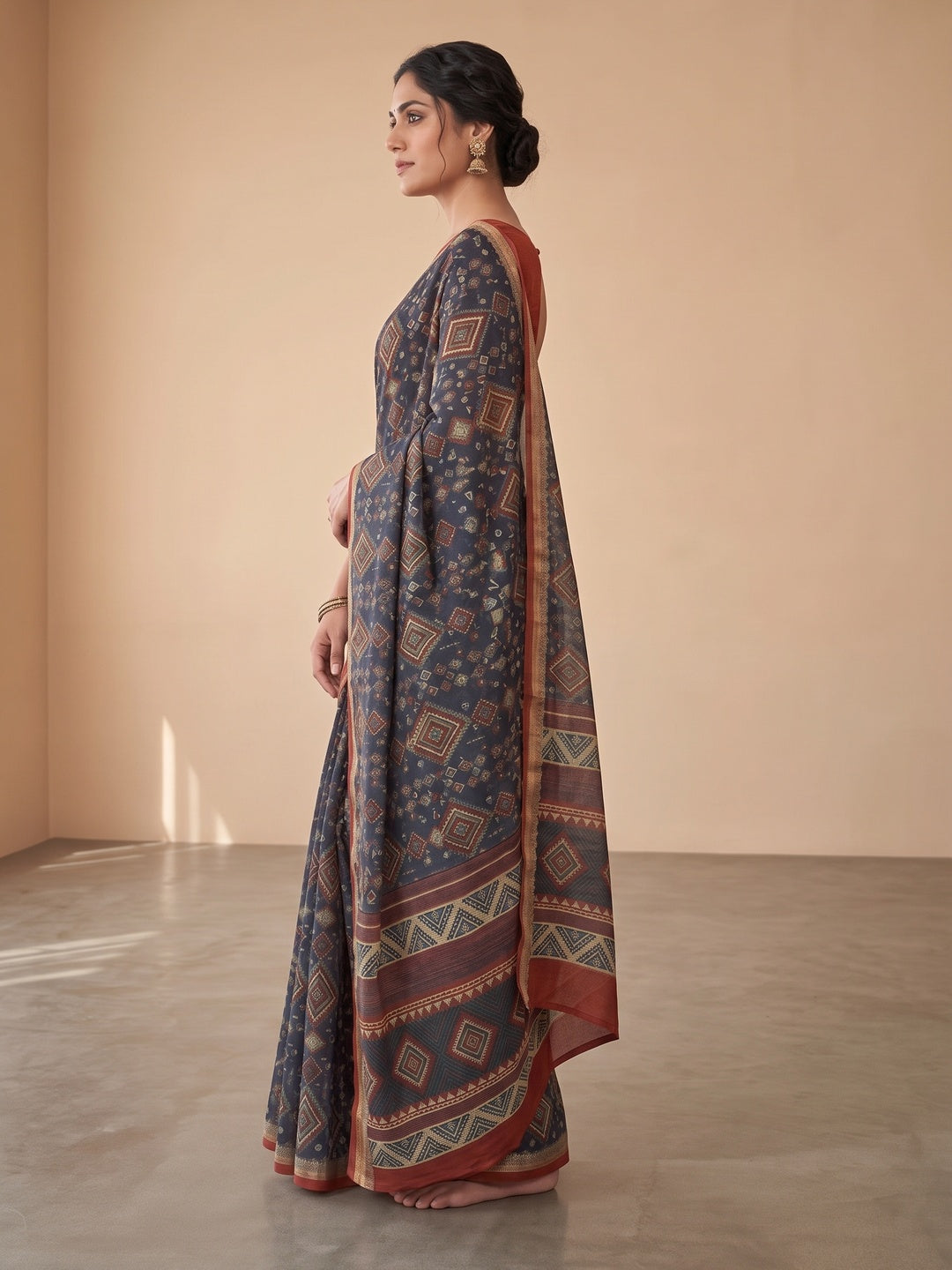 Traditional Blue Chanderi Silk Saree with Detailed Geometric Print Pattern - Image 6