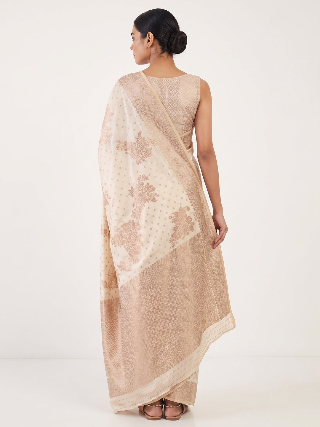 Off White Off White Floral Woven Raw Silk Saree - Image 2