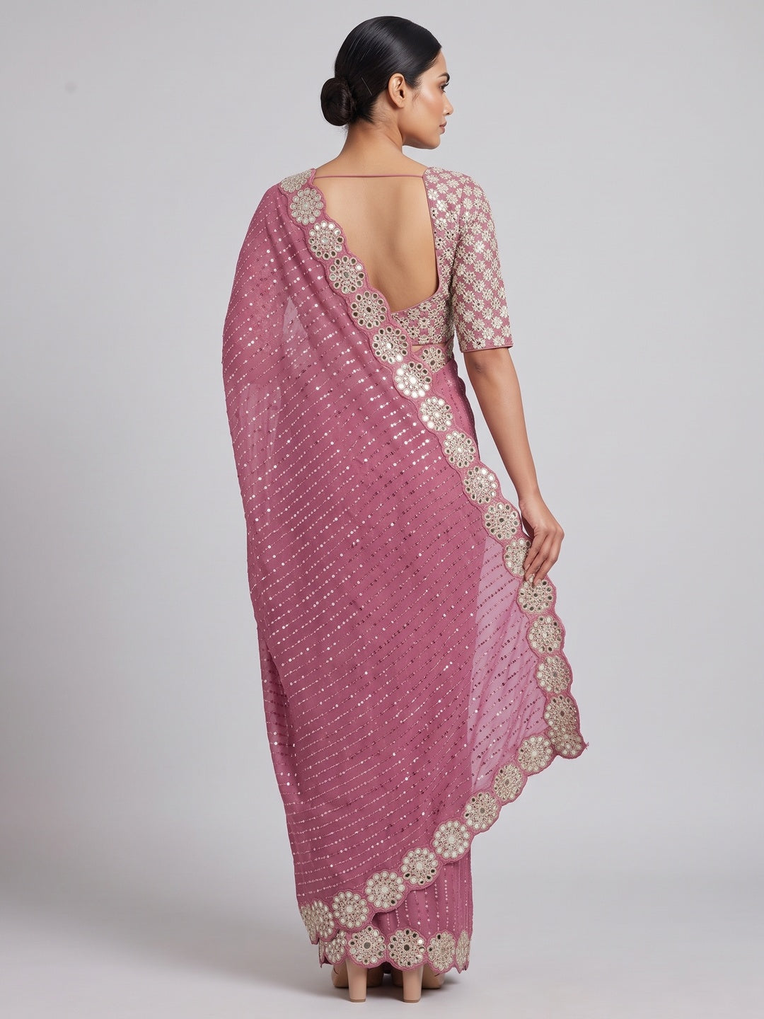 Stunning Pink Georgette Party Wear Saree Adorned with Heavy Sequins Embellishment - Image 2