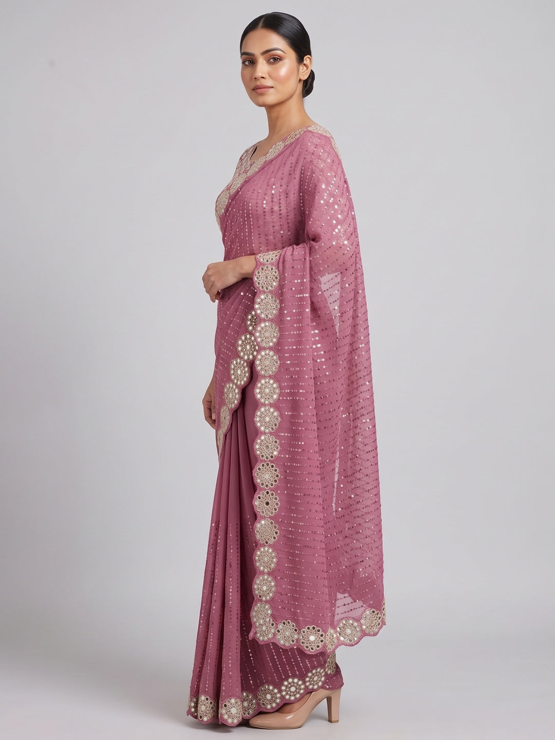 Stunning Pink Georgette Party Wear Saree Adorned with Heavy Sequins Embellishment - Image 3