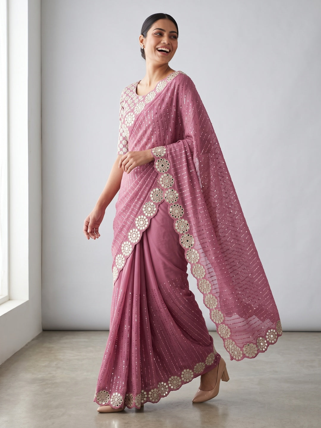 Stunning Pink Georgette Party Wear Saree Adorned with Heavy Sequins Embellishment - Image 4