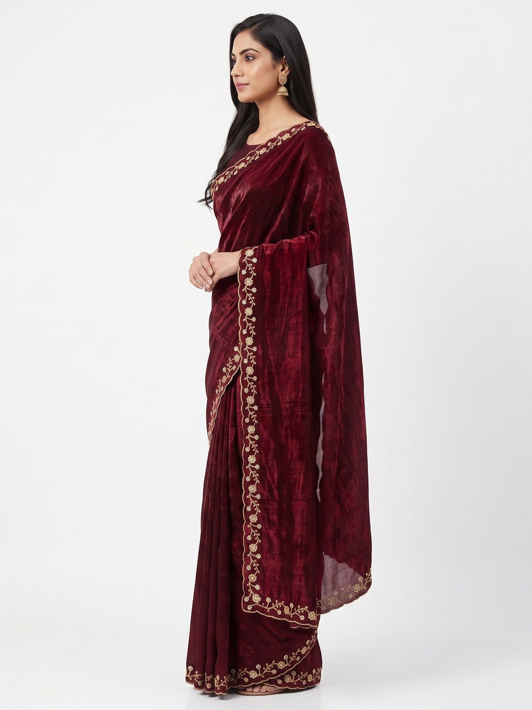 Maroon Satin Saree Embellished With Beads and Sequins Embroidery Work - Image 3