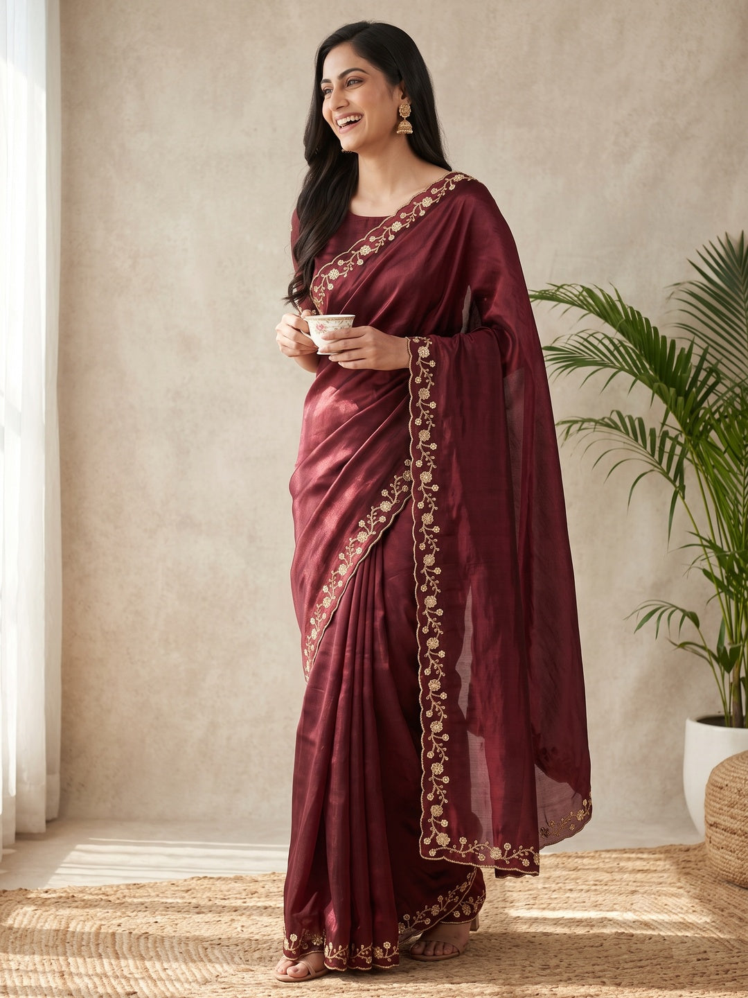 Maroon Satin Saree Embellished With Beads and Sequins Embroidery Work - Image 4