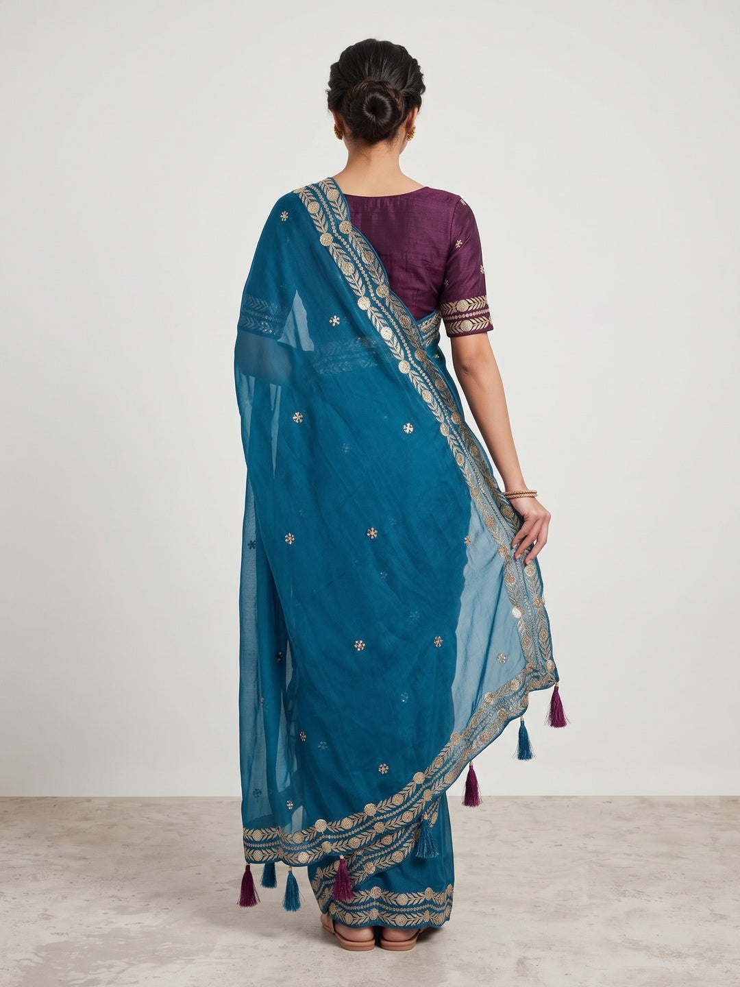 Charming Blue Georgette Saree Enhanced With Intricate Floral Sequins Embroidery - Image 4