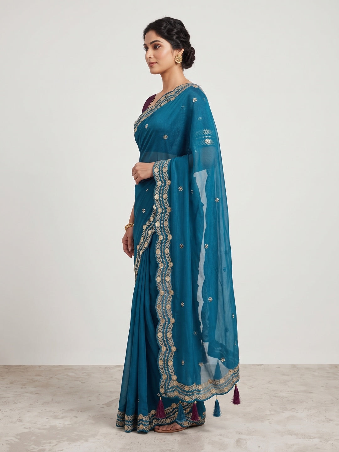 Charming Blue Georgette Saree Enhanced With Intricate Floral Sequins Embroidery - Image 5