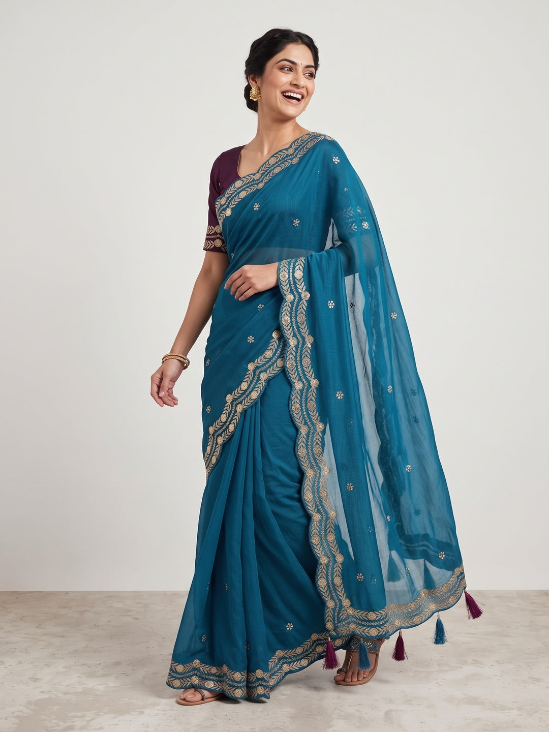 Charming Blue Georgette Saree Enhanced With Intricate Floral Sequins Embroidery - Image 6