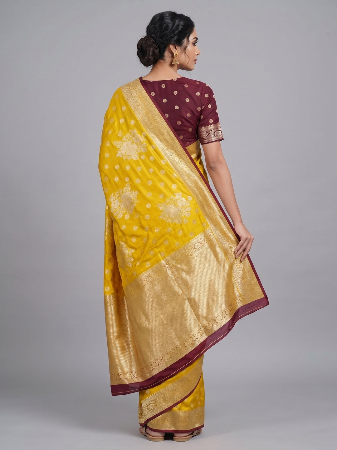 Yellow Dola Silk Woven Saree with Allover Zari Butti Design - Image 2