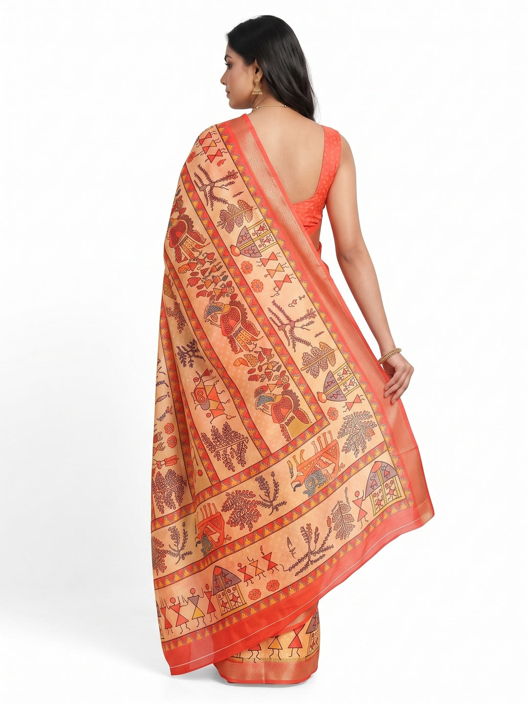 Coral Red Traditional Bandhani & Warli Digital Printed Silk Blend Saree With Weaving Border - Image 2