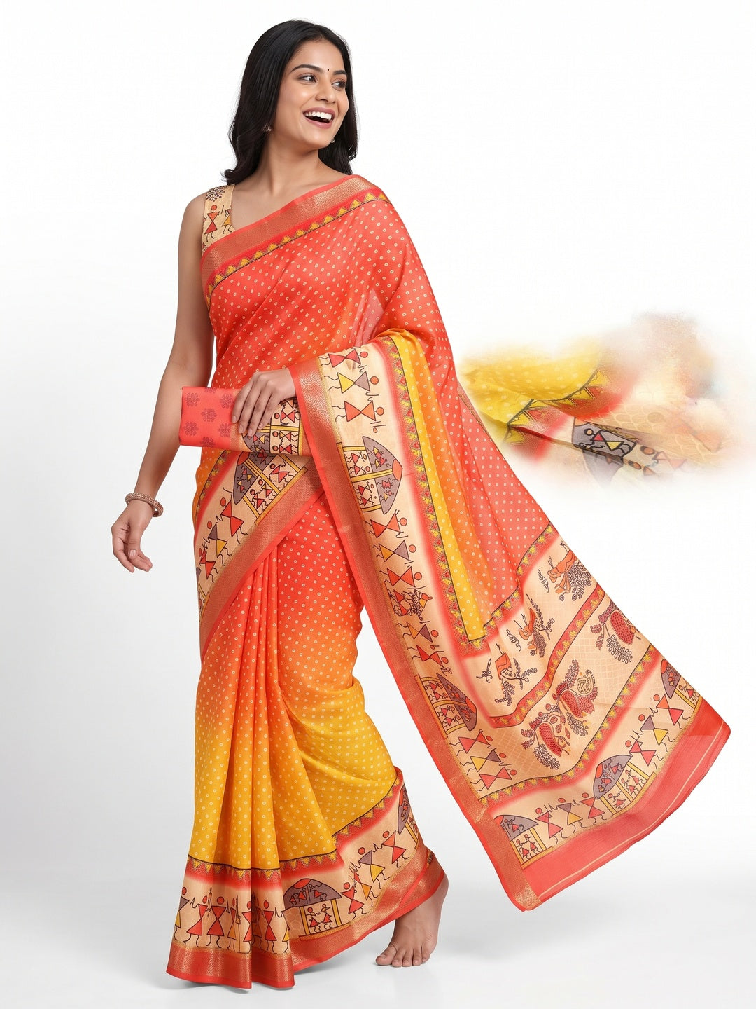 Coral Red Traditional Bandhani & Warli Digital Printed Silk Blend Saree With Weaving Border - Image 4