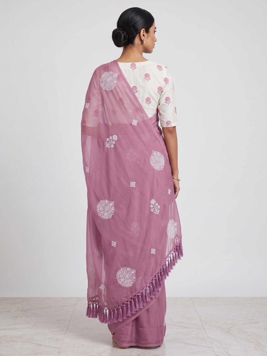 Pink Embroidered Chiffon Saree With Elegant Tassel Borders - Image 2