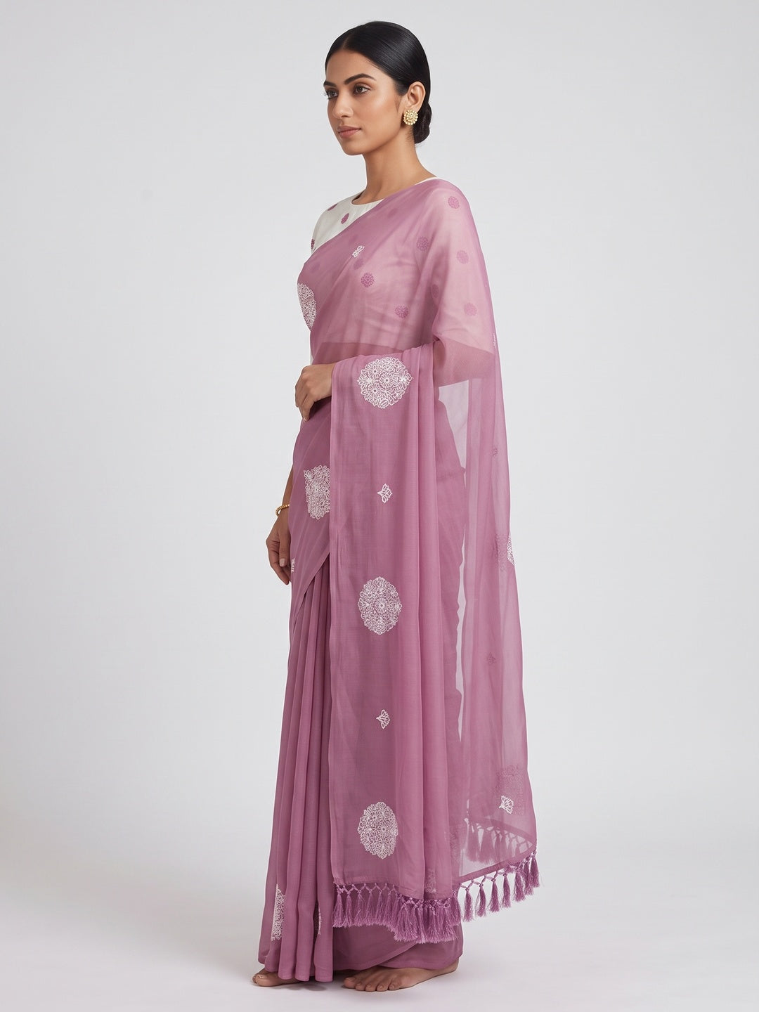 Pink Embroidered Chiffon Saree With Elegant Tassel Borders - Image 3