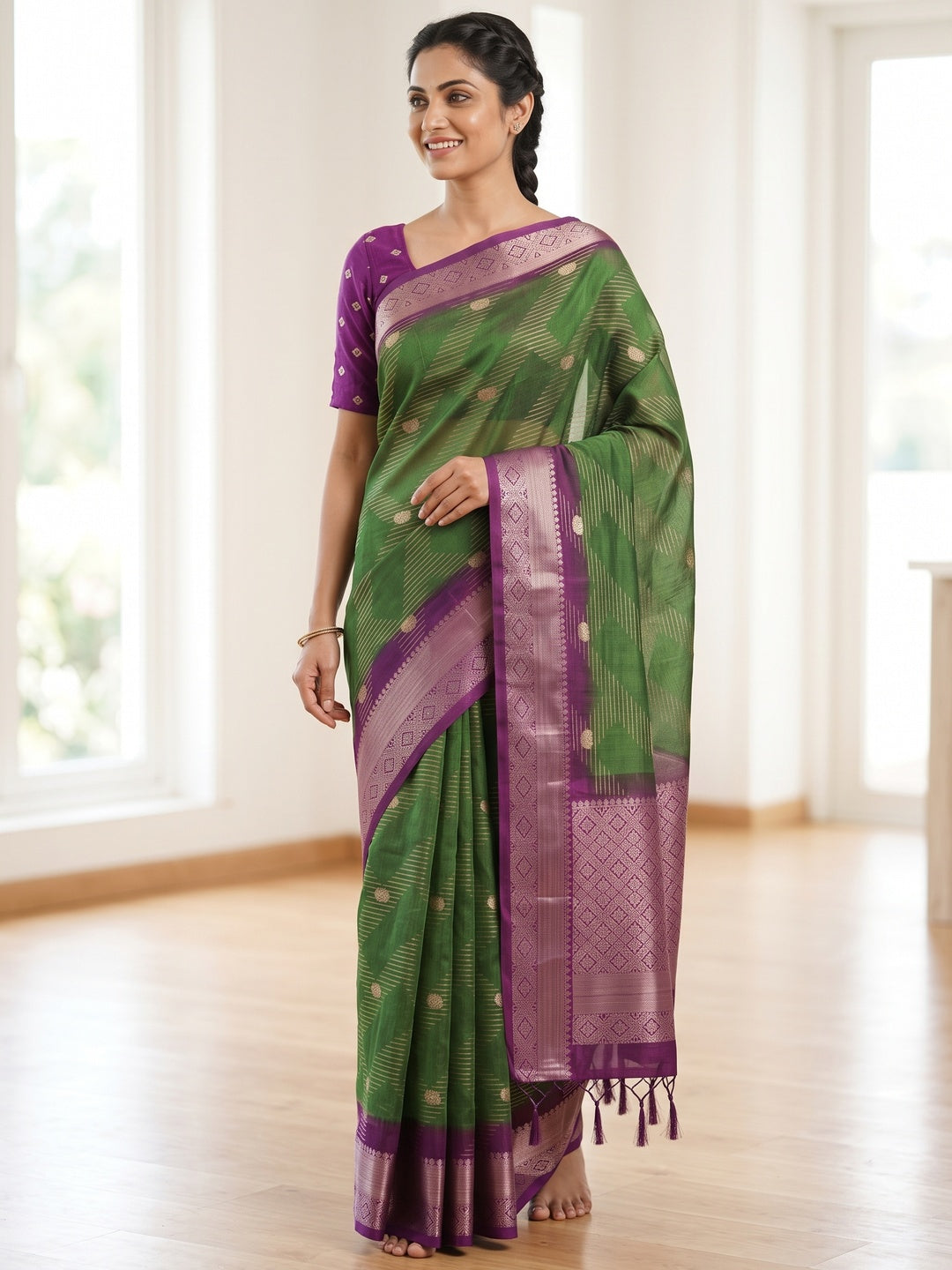 Classic Green Jacquard Saree Showcasing Floral & Zig-Zag Weaving With Tassel Pallu - Image 4