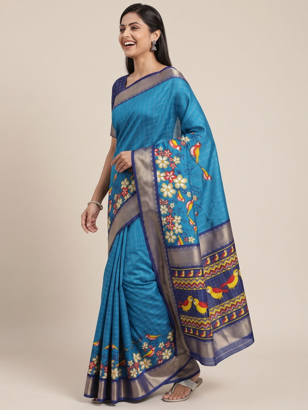 Rama Blue Madhubani Work Woven Dola Silk Saree - Image 4