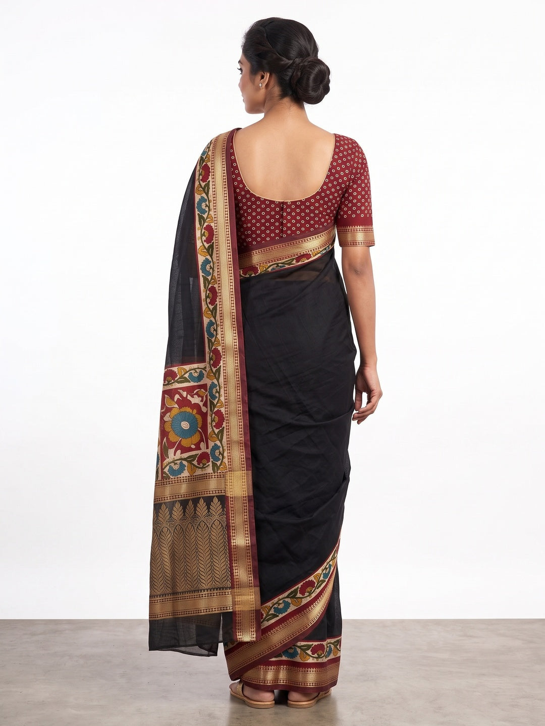 Black Soft Mul Cotton Saree with Kalamkari Pallu & Zari border - Image 2