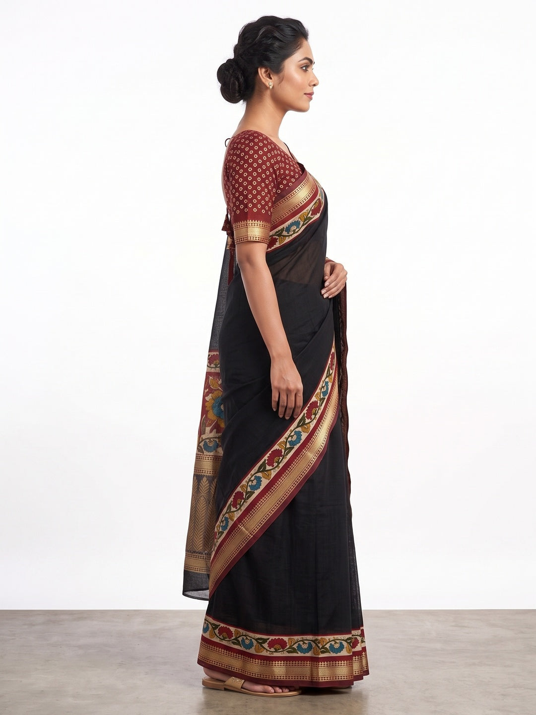 Black Soft Mul Cotton Saree with Kalamkari Pallu & Zari border - Image 3