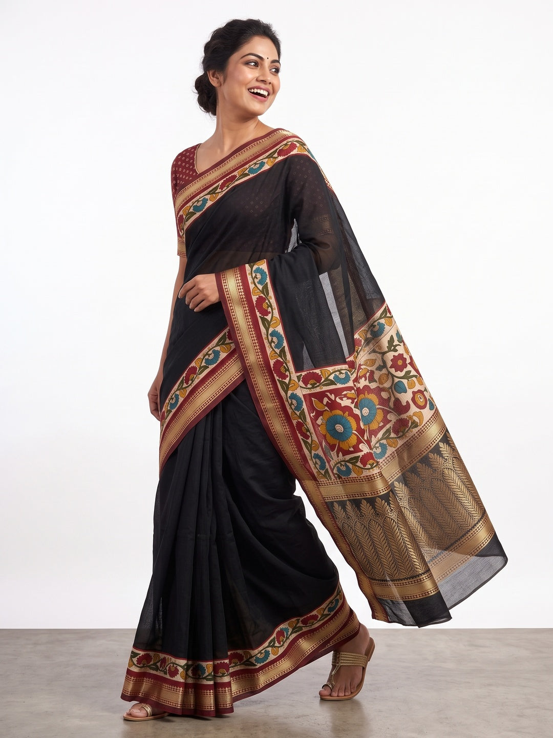 Black Soft Mul Cotton Saree with Kalamkari Pallu & Zari border - Image 4