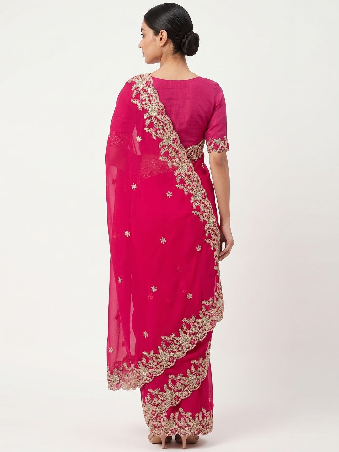 Party Wear Pink Floral Embroidered Crepe Saree with Elegant Sequin Finish - Image 2