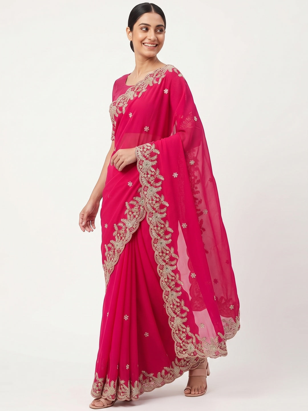 Party Wear Pink Floral Embroidered Crepe Saree with Elegant Sequin Finish - Image 4