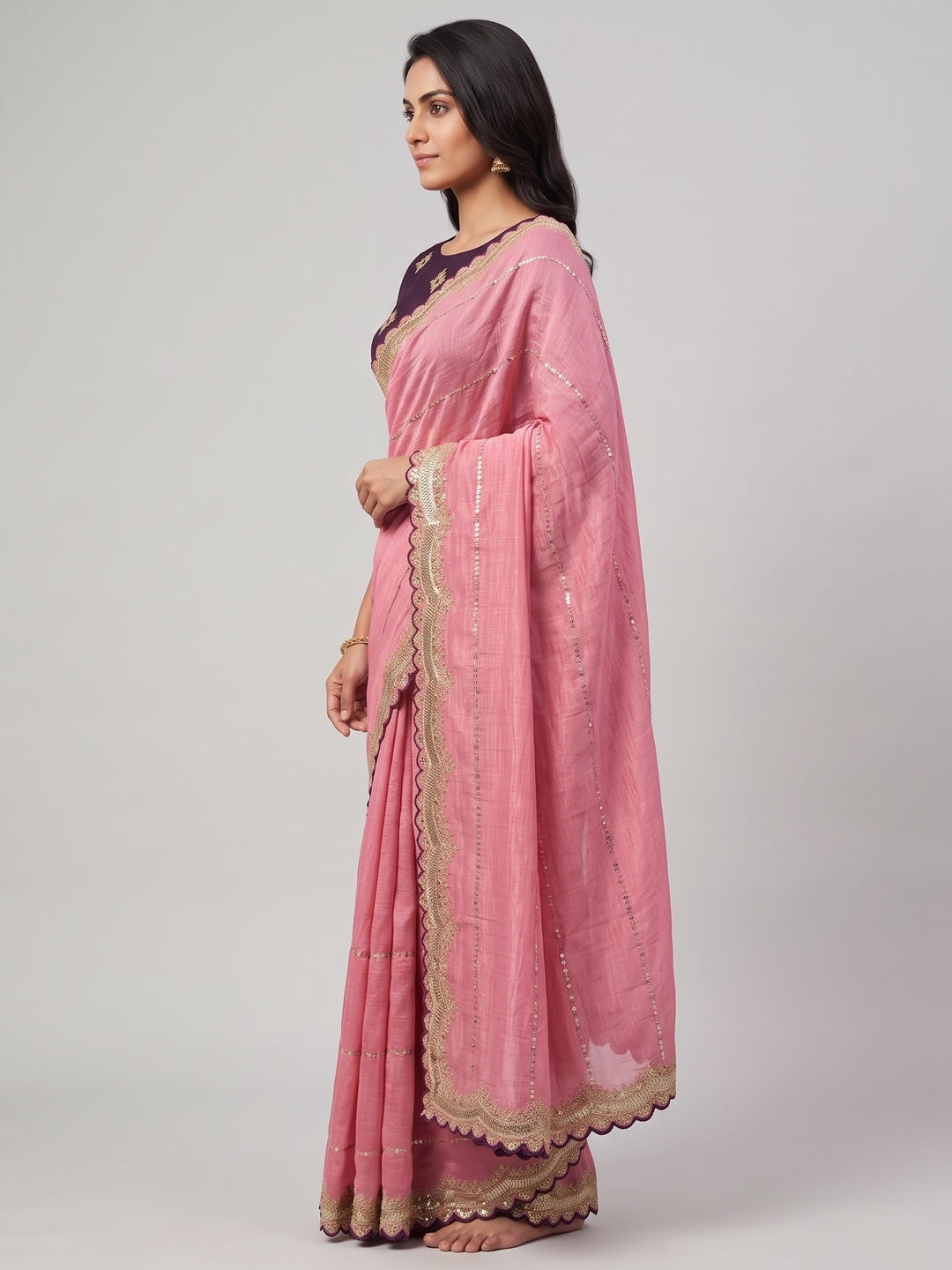 Gajari Pink Sequins Embroidered Tussar silk Saree - Image 3