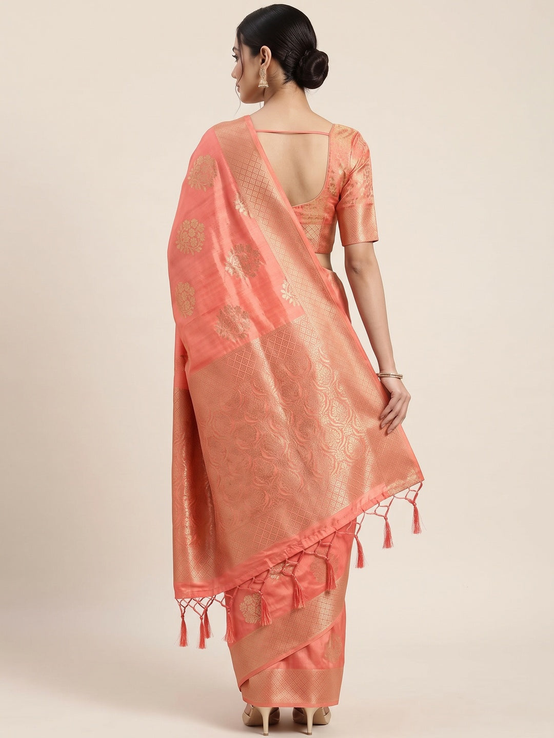 Coral Pink Floral Zari Woven Tusser Cotton Silk Saree With Stylish Tassel Pallu - Image 2