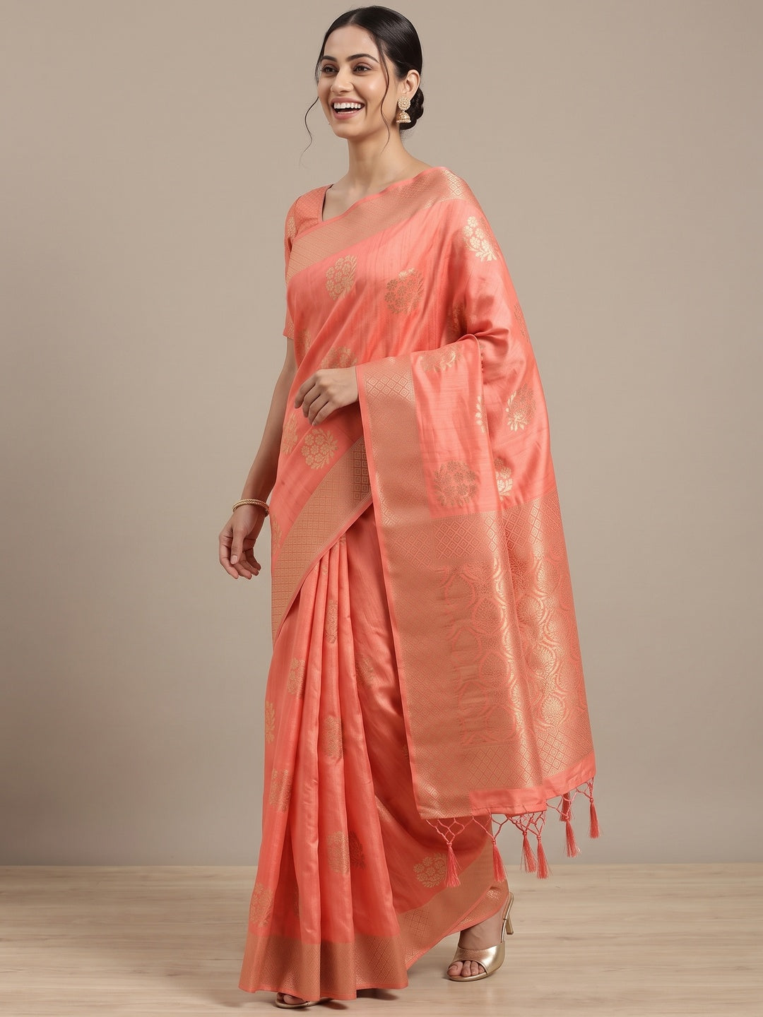 Coral Pink Floral Zari Woven Tusser Cotton Silk Saree With Stylish Tassel Pallu - Image 4