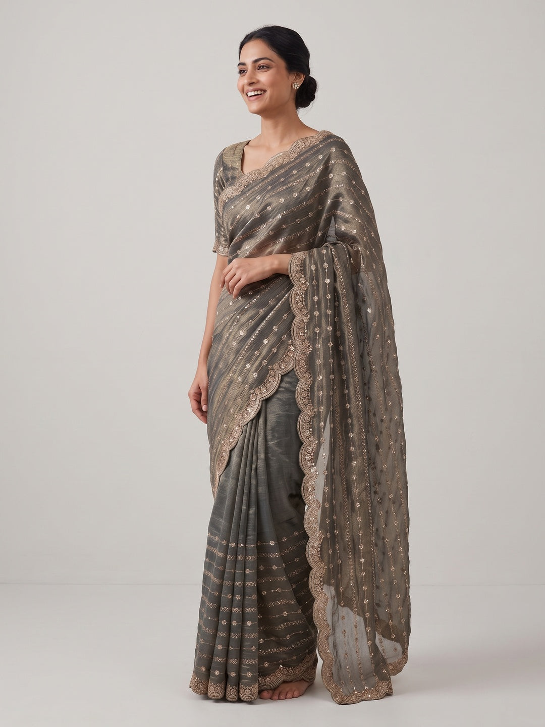 Elegant Grey Silk Saree Adorned With Floral Sequins Embroidery & Cutwork Zari Border - Image 4