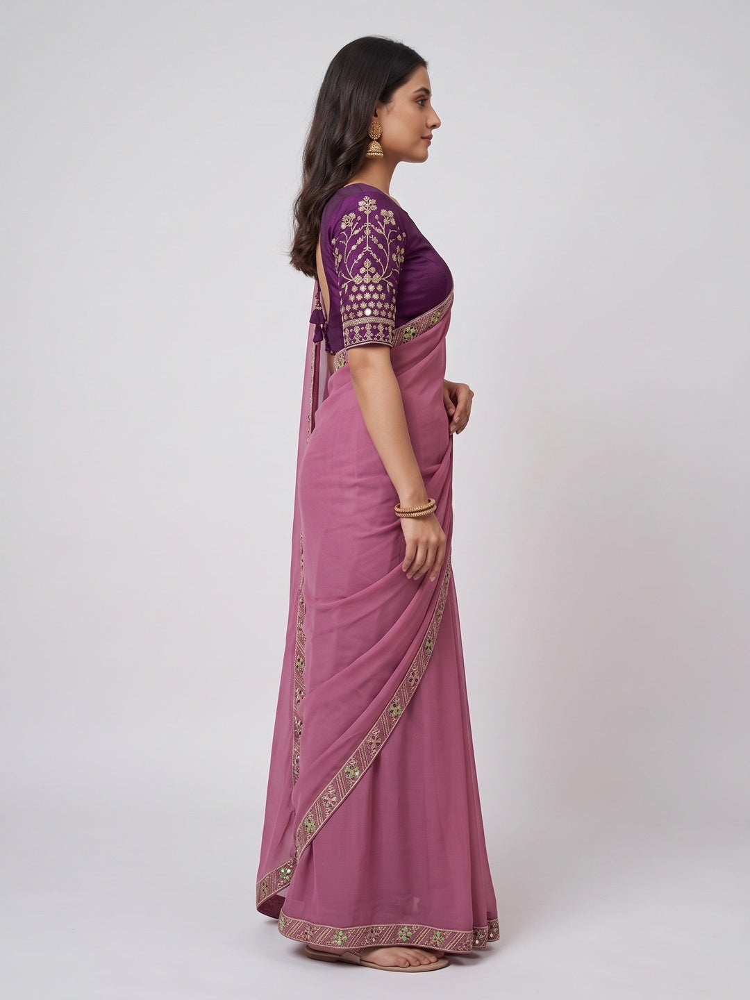 Timeless Onion Pink Solid Georgette Saree Finished With Graceful Floral Hand Embroidered Lace Border - Image 7