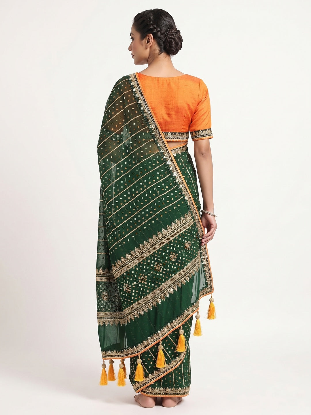 Charming Green Bandhani Printed Georgette Saree With Glittering Sequins & Zari Border - Image 2