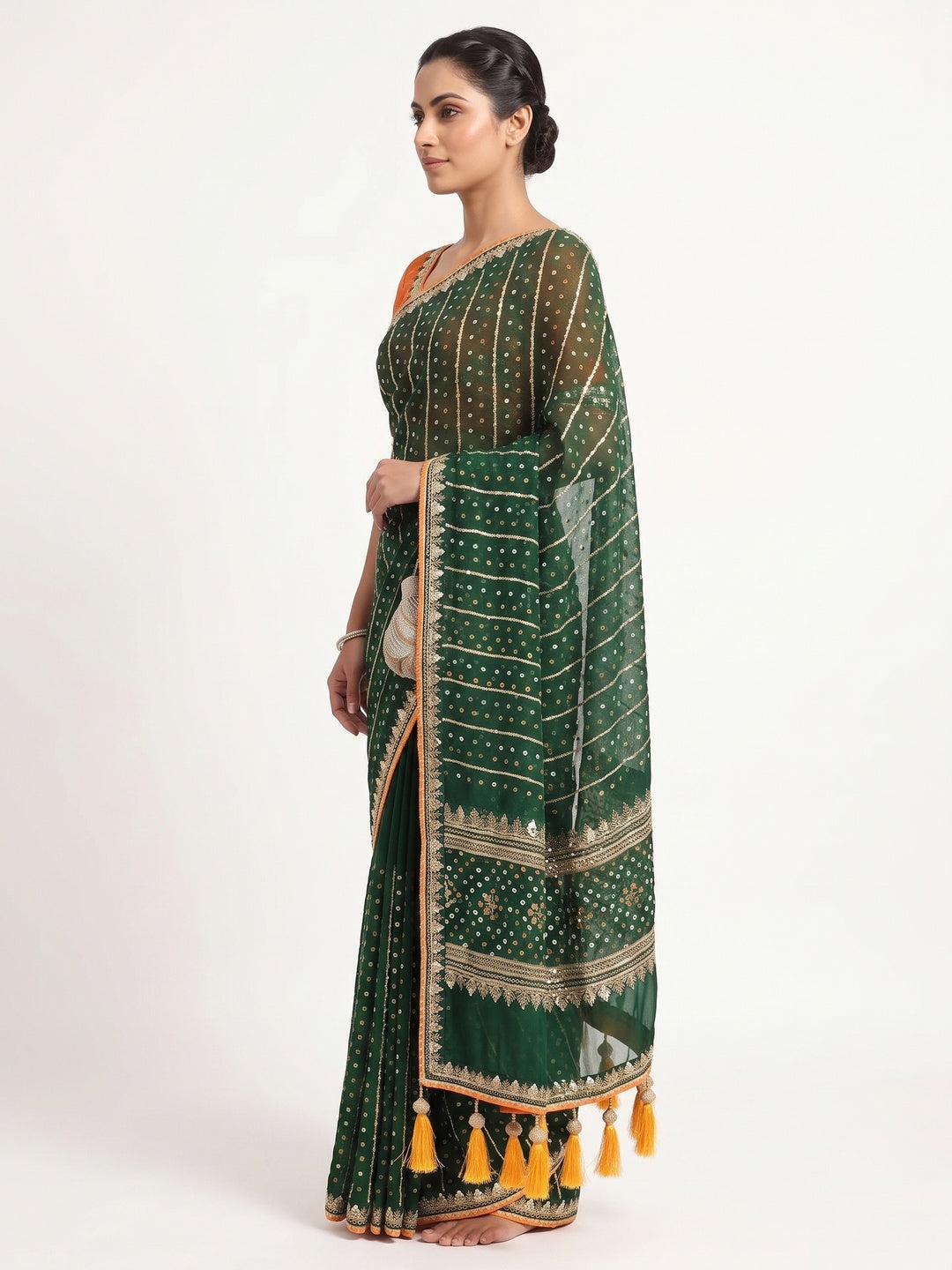 Charming Green Bandhani Printed Georgette Saree With Glittering Sequins & Zari Border - Image 3