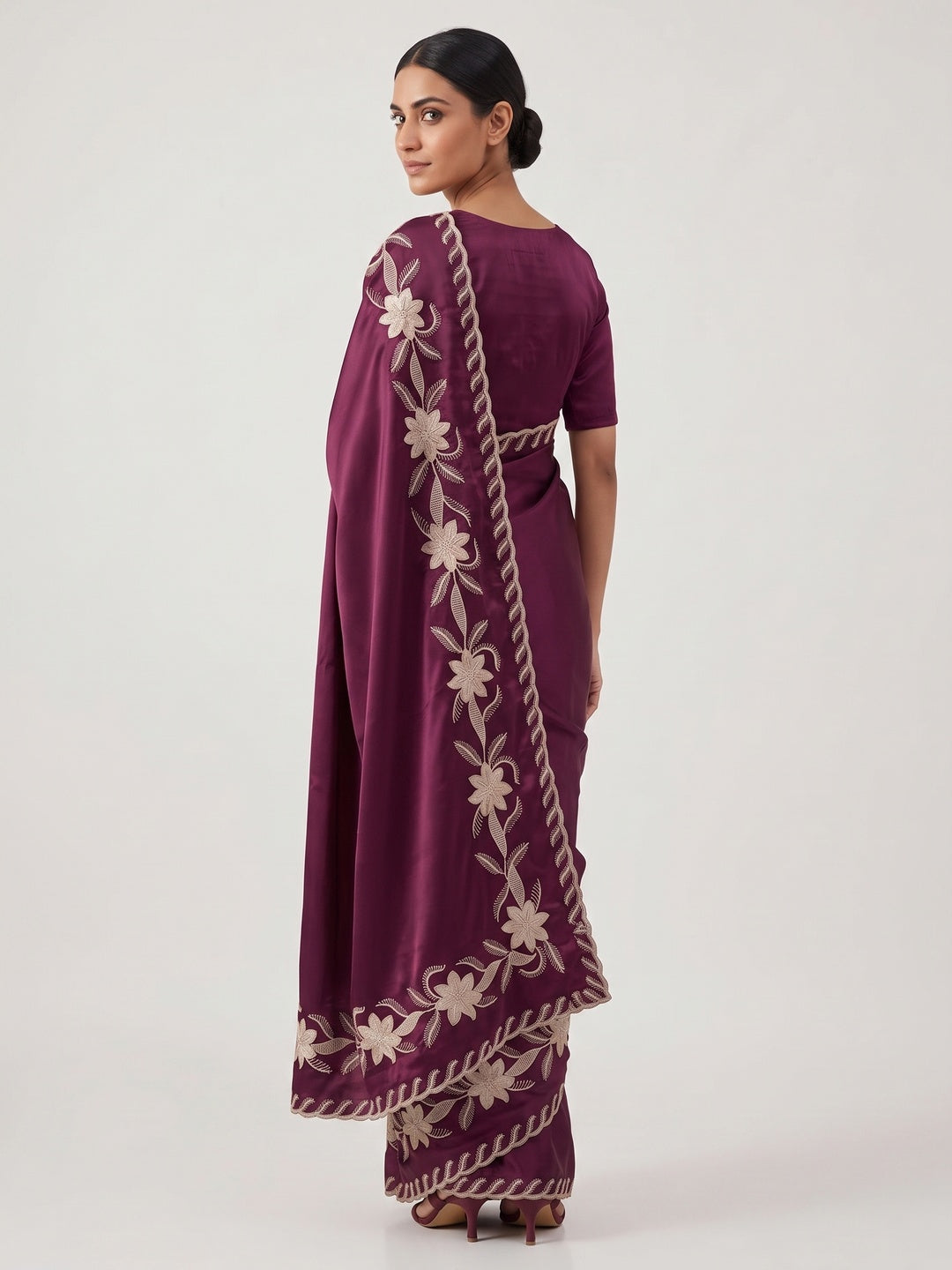 Wine Sequins Work Embroidered Satin Saree for Special Occasions - Image 2