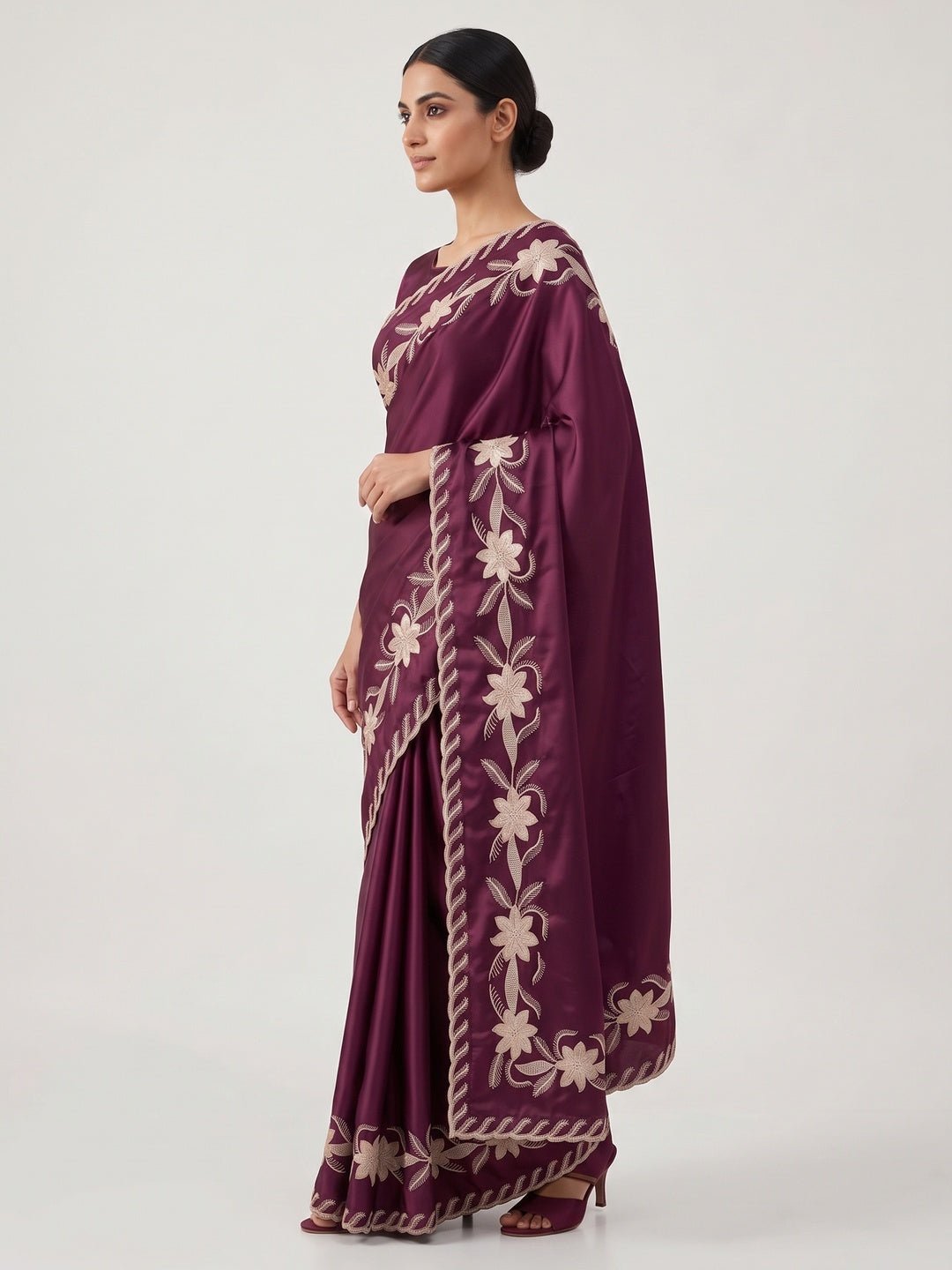 Wine Sequins Work Embroidered Satin Saree for Special Occasions - Image 3