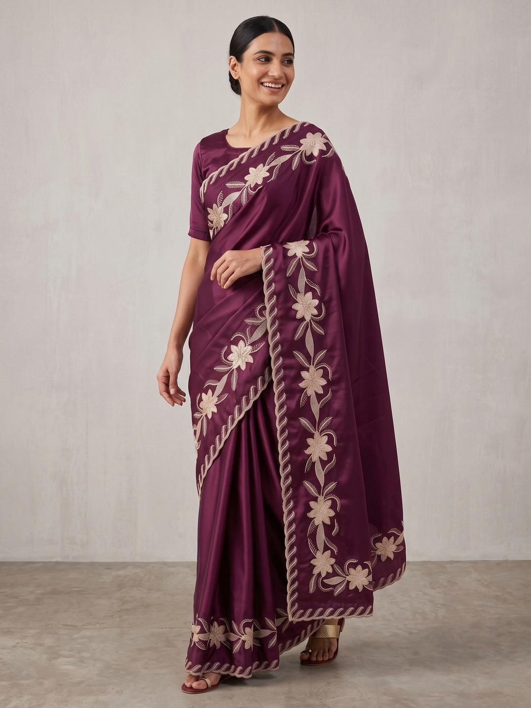 Wine Sequins Work Embroidered Satin Saree for Special Occasions - Image 4