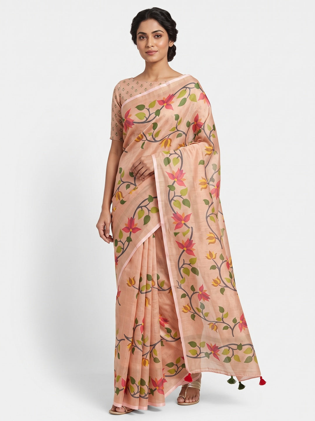 Peach Floral Printed Tissue Cotton Silk Saree Enhanced with a Classic Zari Weaving Border - Image 1
