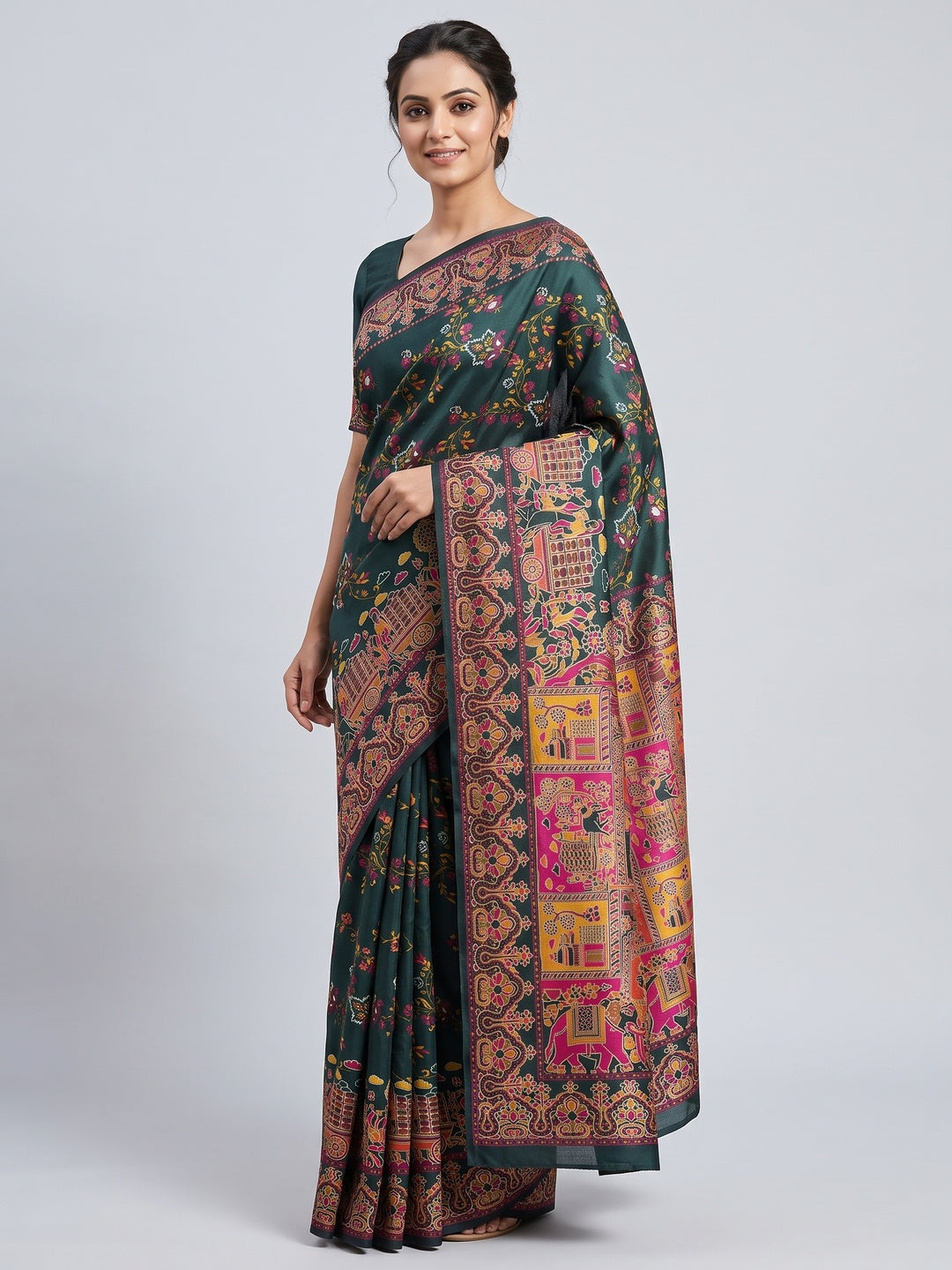 Royal Morpich Green Pashmina Silk Saree with Rajwadi Zari Weaving - Image 1
