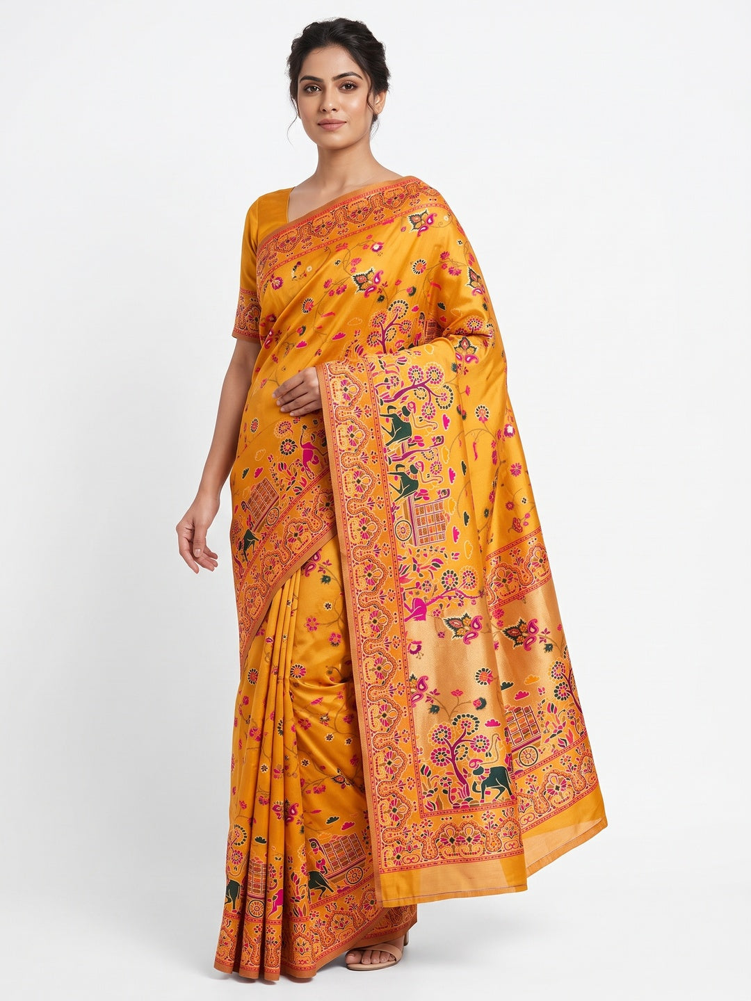 Royal Mustard Pashmina Silk Saree with Rajwadi Zari Weaving - Image 1