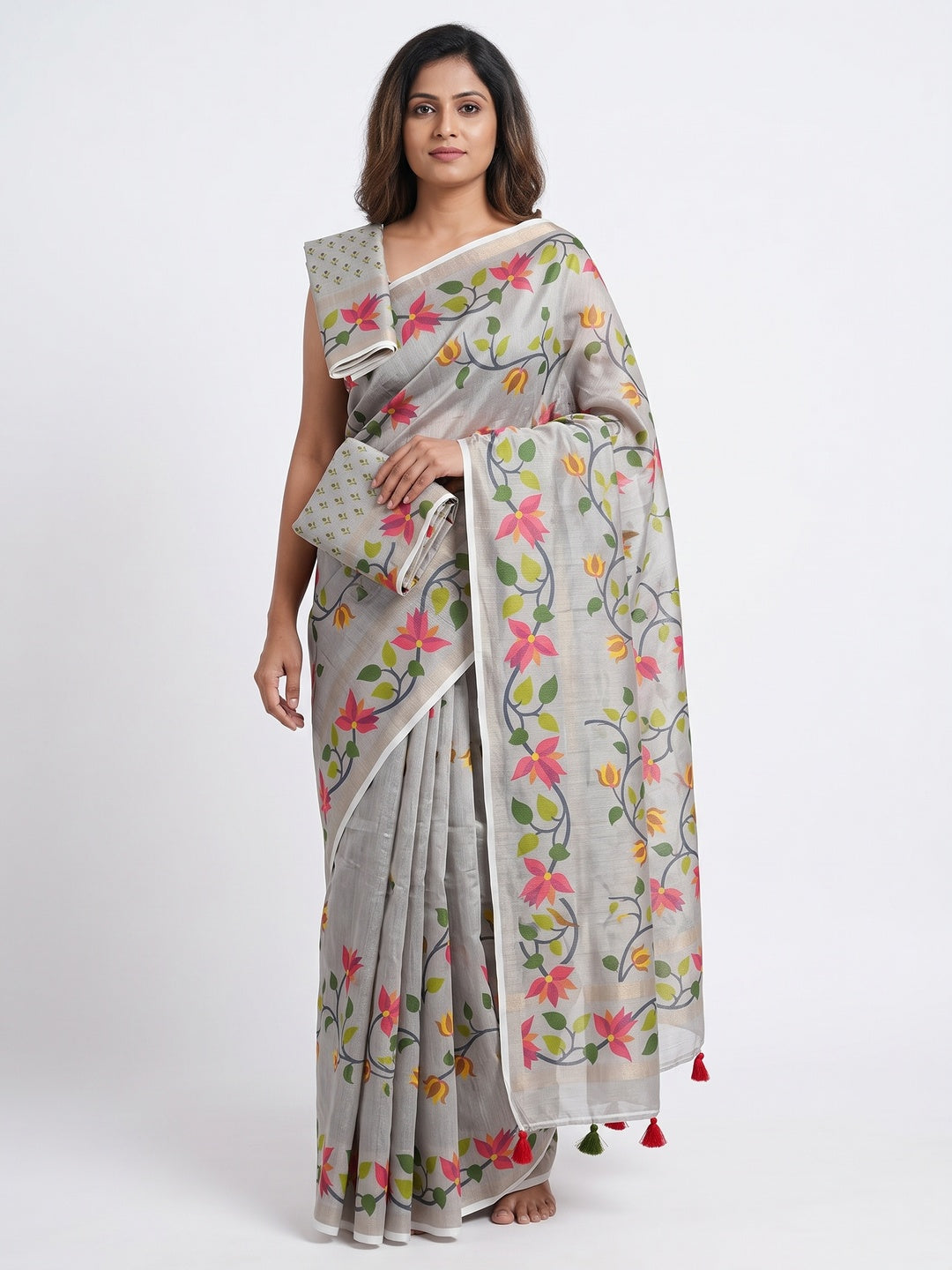 Grey Floral Printed Tissue Cotton Silk Saree Enhanced with a Classic Zari Weaving Border - Image 1