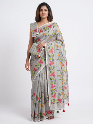 Grey Floral Printed Tissue Cotton Silk Saree Enhanced with a Classic Zari Weaving Border - Image 1