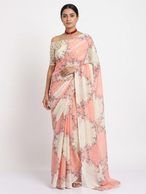 White & Peach Bloom Floral Digital Printed Georgette Saree Accentuated With Graceful Zari Stripes - Image 1