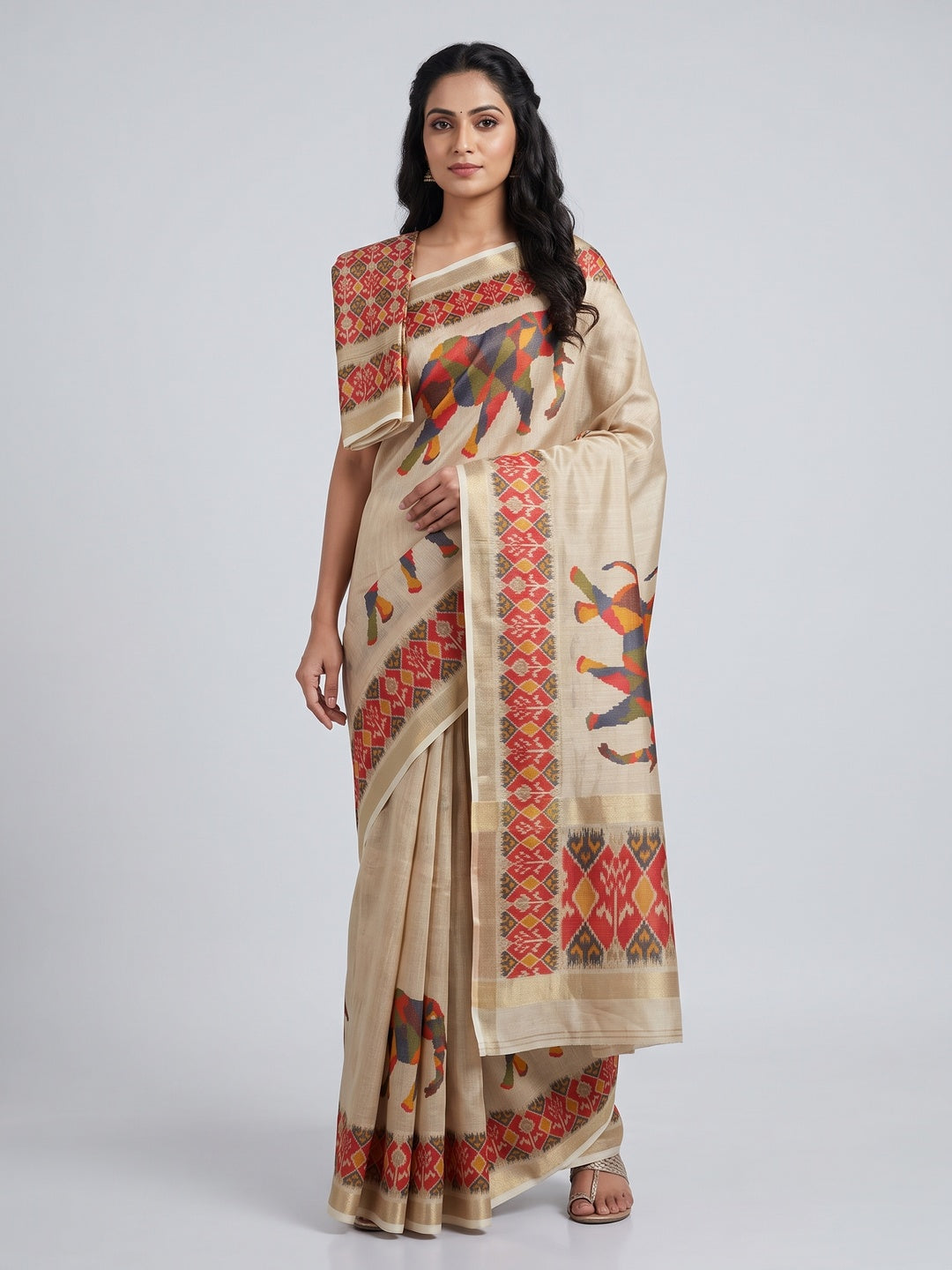 Beige Digital Print Saree in Premium Tissue Cotton Silk for Festive & Elegant Styling - Image 1